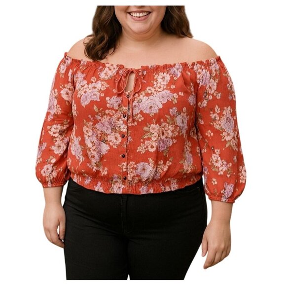 Mason & Belle Tops - Mason & Belle Floral Faux Button Bubble Crop Top Off-Shoulder Front Tie Size XL